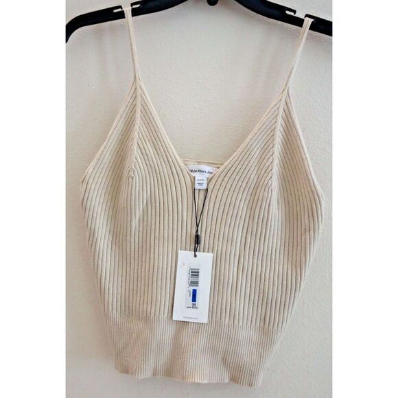 Calvin Klein Jeans CJ2R0906 Women's Sz XL Beige Ribbed Knit Cropped Tank Top - Picture 1 of 5
